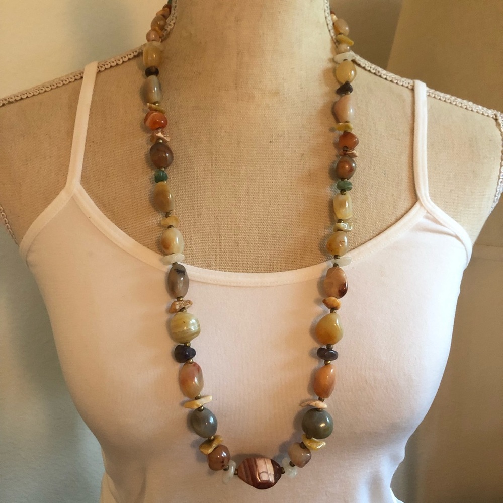 Vintage 70s natural agate stone long necklace